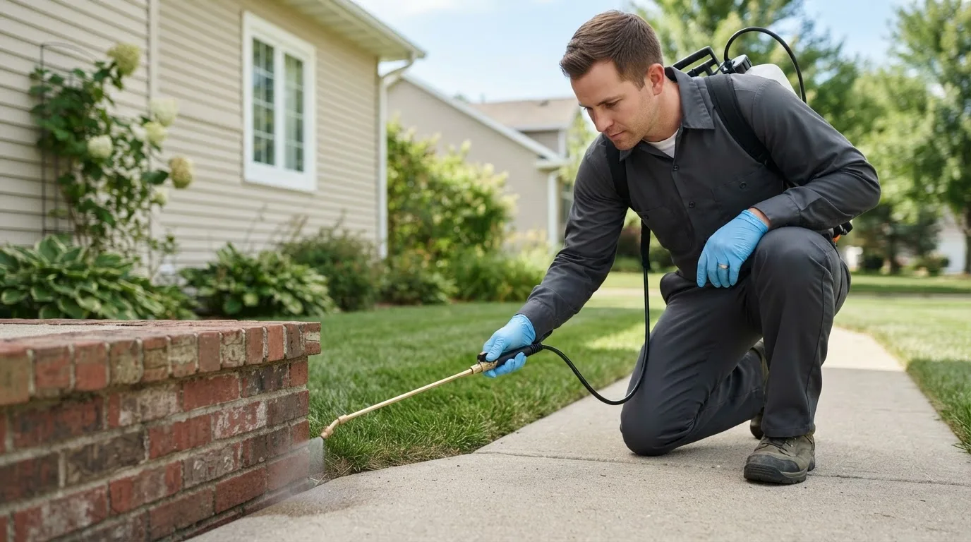 Pest control technician treating a home near East Leroy, MI