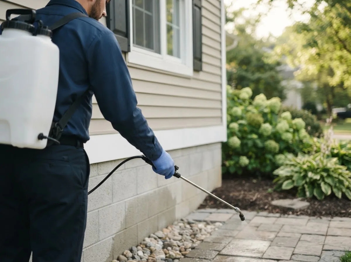Pest control technician inspecting a home in East Leroy, MI